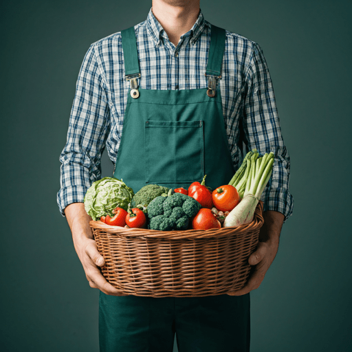 A young farmer holding a basket of fresh vegetables