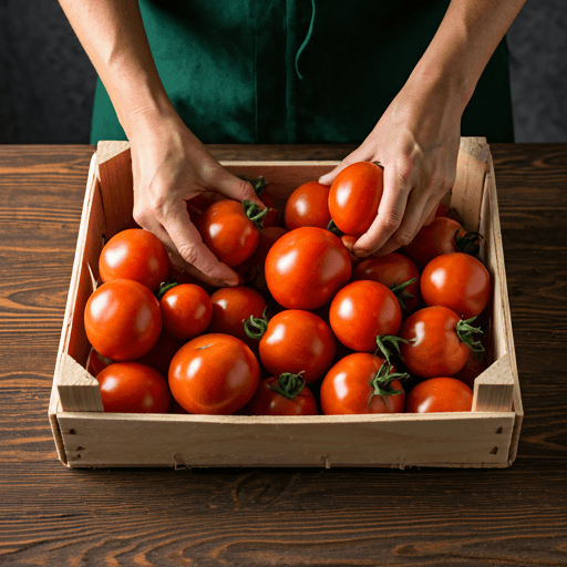 Hands sorting fresh ripe tomatoes in a crate