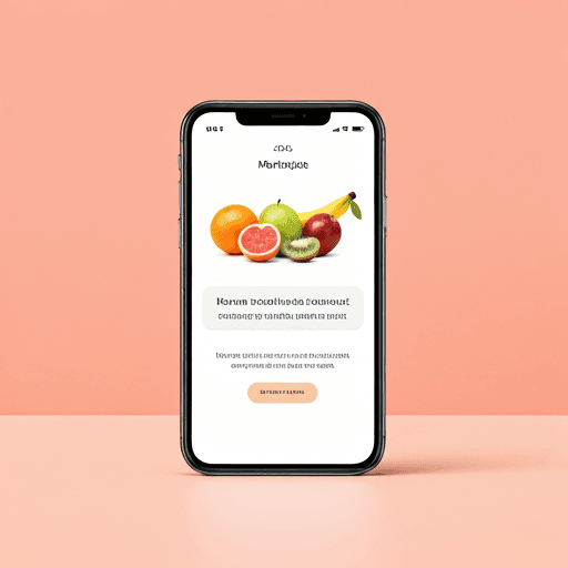 Modern mobile phone showing a marketplace app with fruits