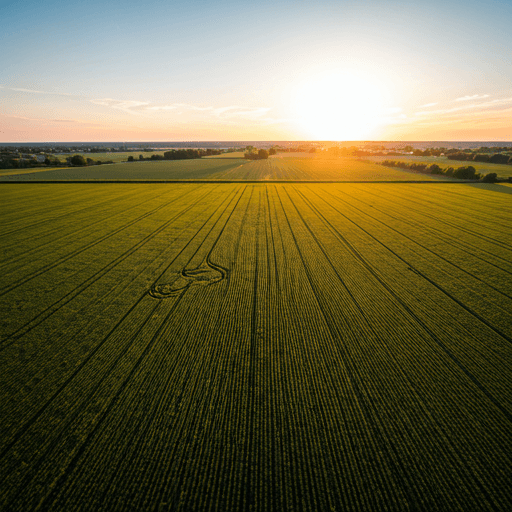 Aerial view of crop fields at sunrise